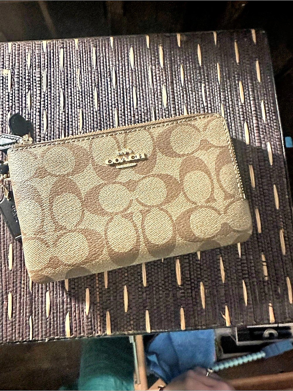 COACH Signature Corner Zip Wristlet Brown & Black NWT